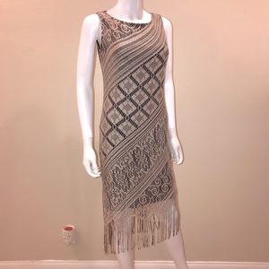 Vintage y2k Sassy Crochet Lace Fringe Dress Size L Jr Sleeveless Tan Black USA